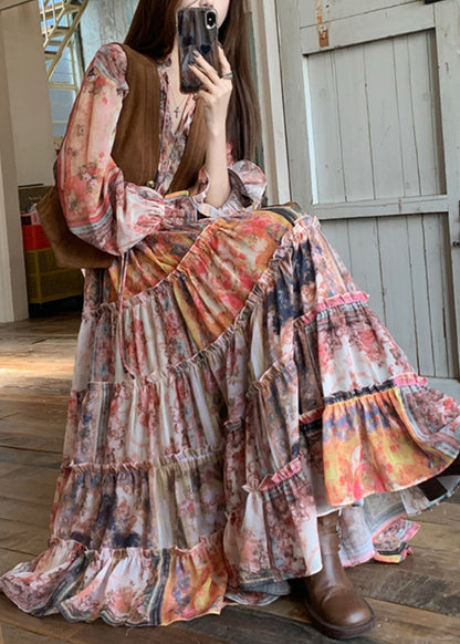 Waistcoat French Dress Print Flare Two Pieces and V Maxi Set Neck