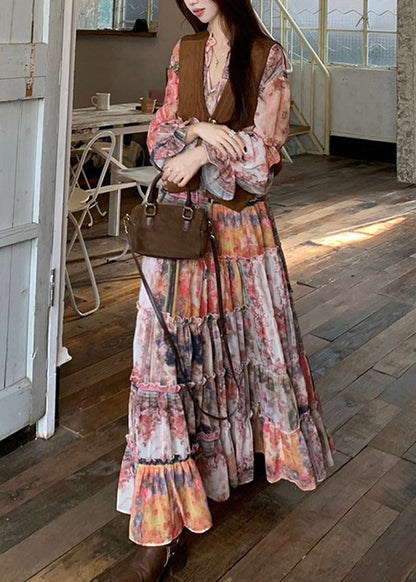 Waistcoat French Dress Print Flare Two Pieces and V Maxi Set Neck