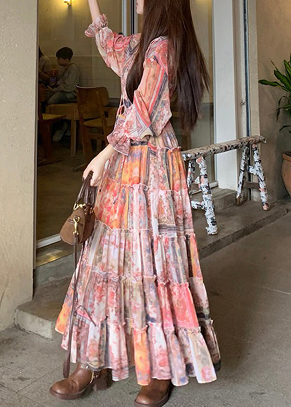 Waistcoat French Dress Print Flare Two Pieces and V Maxi Set Neck