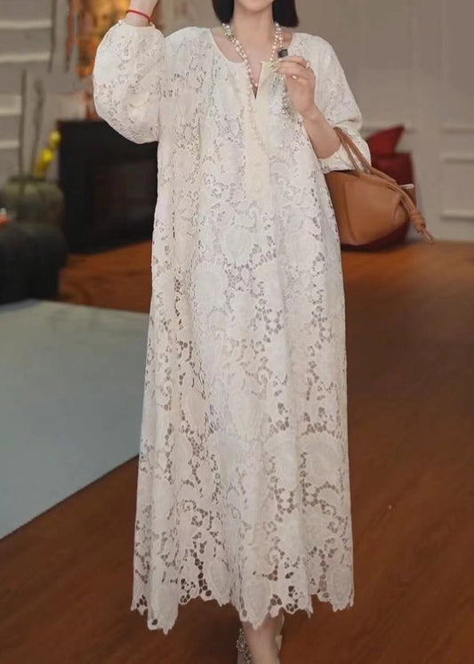 French Versatile Beige Hollow Out Lace Long Dress Summer Zl001