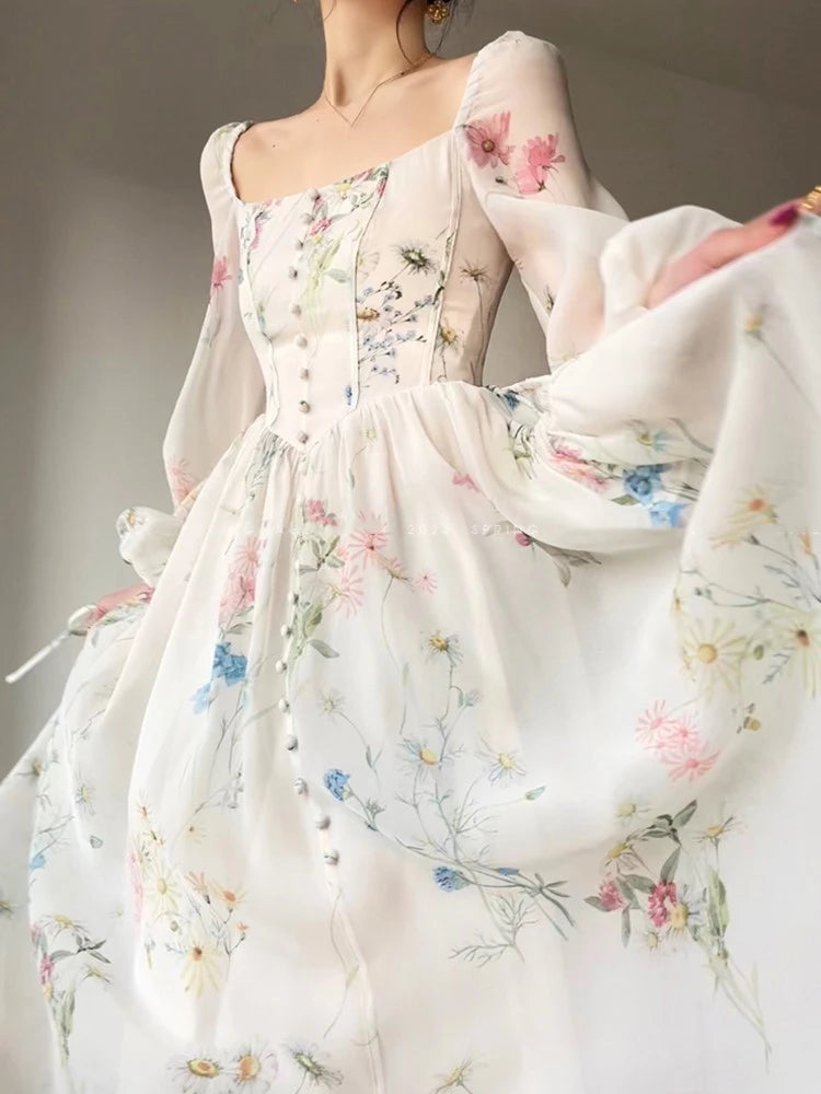 French Vinatge Evening Party Long Dresses for A-line Princess Dress Lantern Sleeve Spring Summer Prom Robe Vestidos