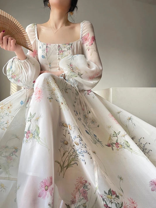 French Vinatge Evening Party Long Dresses for A-line Princess Dress Lantern Sleeve Spring Summer Prom Robe Vestidos