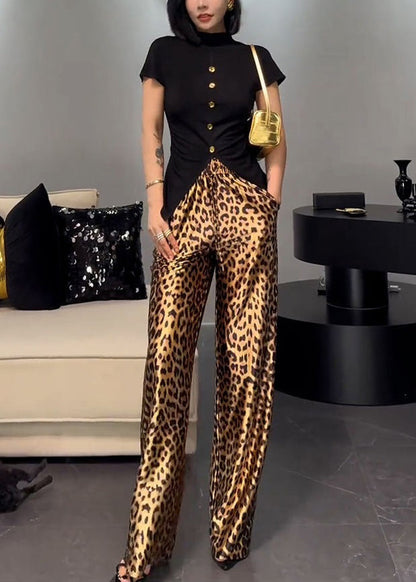 French Wear on Both Sides Tops and Leopard Pants Cotton Two-piece Set Summer Zl016