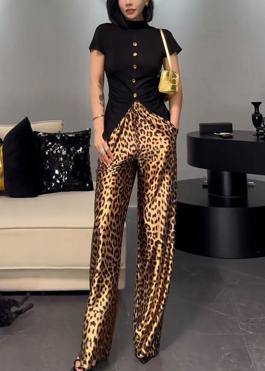 French Wear on Both Sides Tops and Leopard Pants Cotton Two-piece Set Summer Zl016