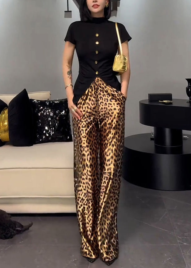 French Wear on Both Sides Tops and Leopard Pants Cotton Two-piece Set Summer Zl016