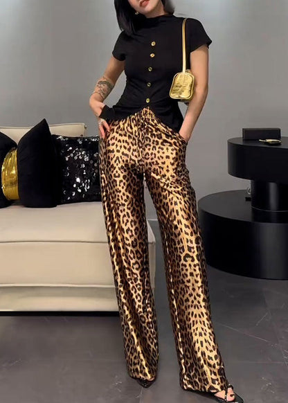 French Wear on Both Sides Tops and Leopard Pants Cotton Two-piece Set Summer Zl016