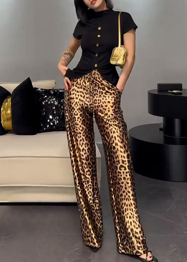 French Wear on Both Sides Tops and Leopard Pants Cotton Two-piece Set Summer Zl016