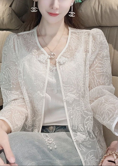 French White Embroidered Button Sequins Lace Coat Summer Qa1038
