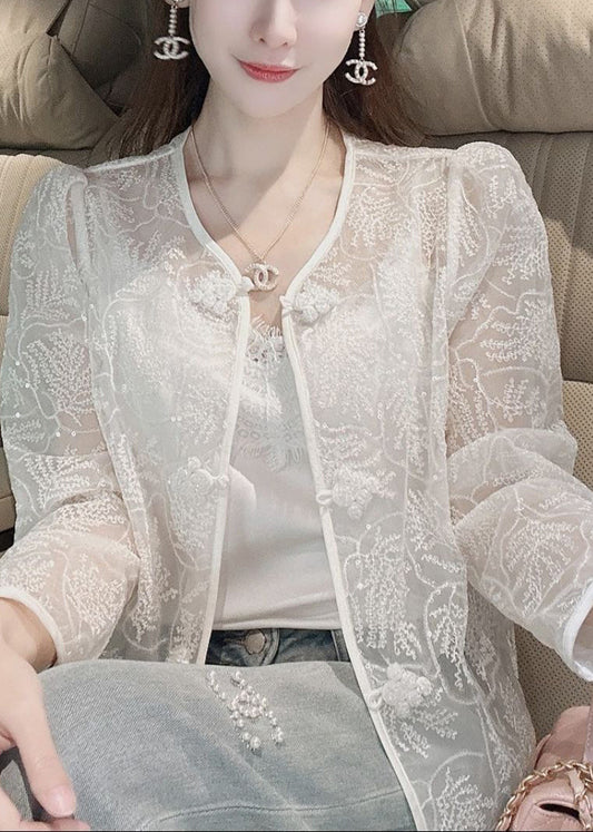 French White Embroidered Button Sequins Lace Coat Summer Qa1038