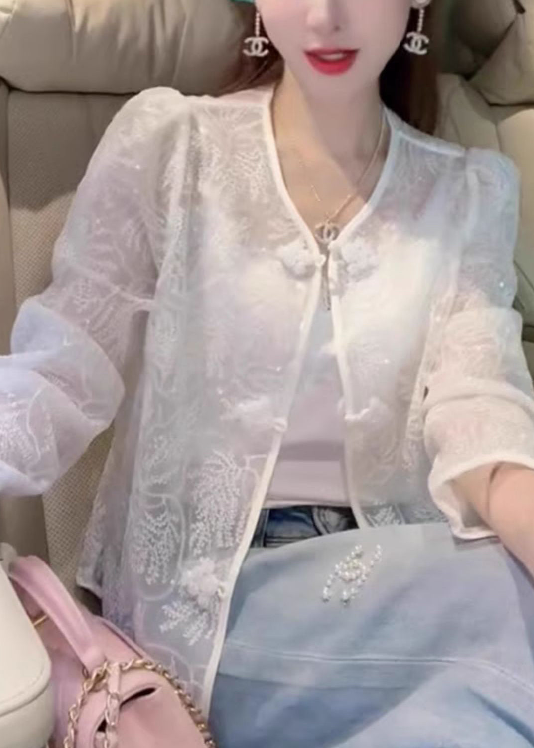 French White Embroidered Button Sequins Lace Coat Summer Qa1038