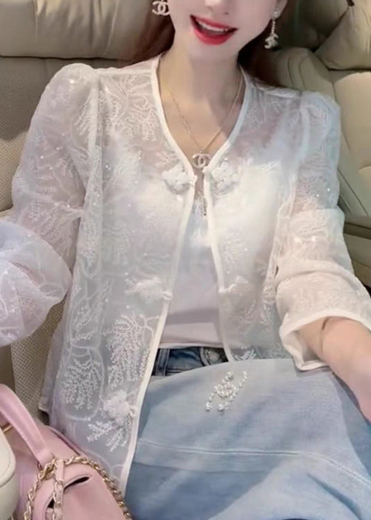 French White Embroidered Button Sequins Lace Coat Summer Qa1038