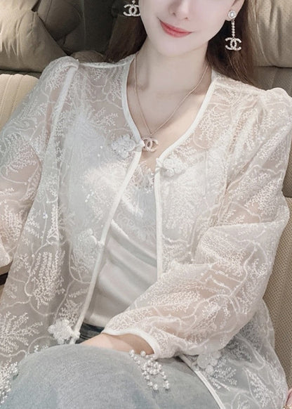 French White Embroidered Button Sequins Lace Coat Summer Qa1038