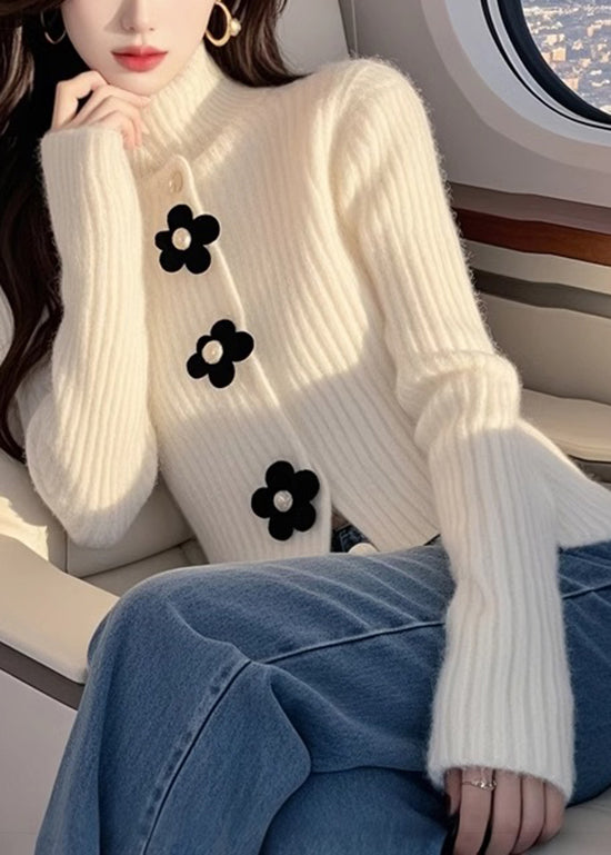 French White Hign Neck Knit Sweaters Top Spring Tn018