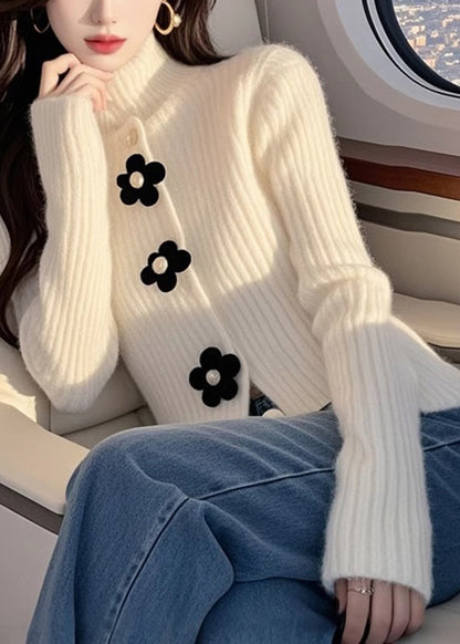 French White Hign Neck Knit Sweaters Top Spring Tn018