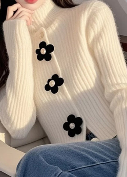 French White Hign Neck Knit Sweaters Top Spring Tn018