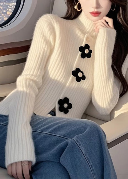 French White Hign Neck Knit Sweaters Top Spring Tn018