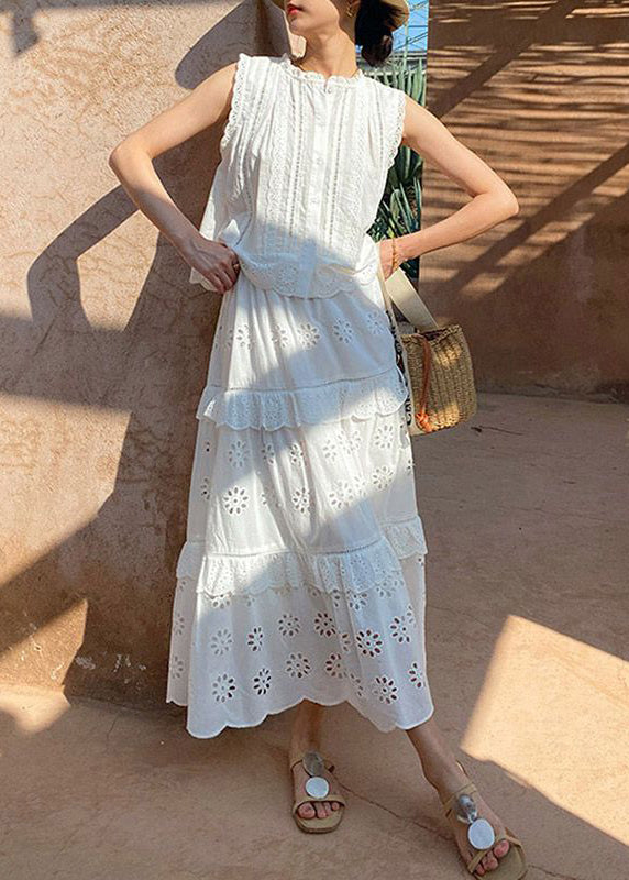 Two Out Hollow and Blouses French Cotton Pieces Skirts Set White