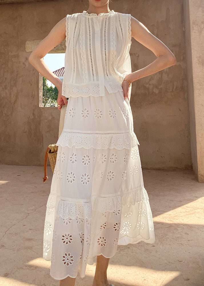 Two Out Hollow and Blouses French Cotton Pieces Skirts Set White