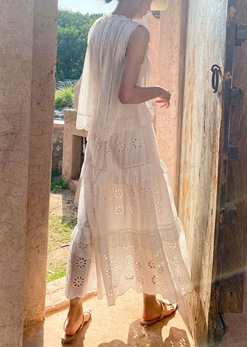 Two Out Hollow and Blouses French Cotton Pieces Skirts Set White