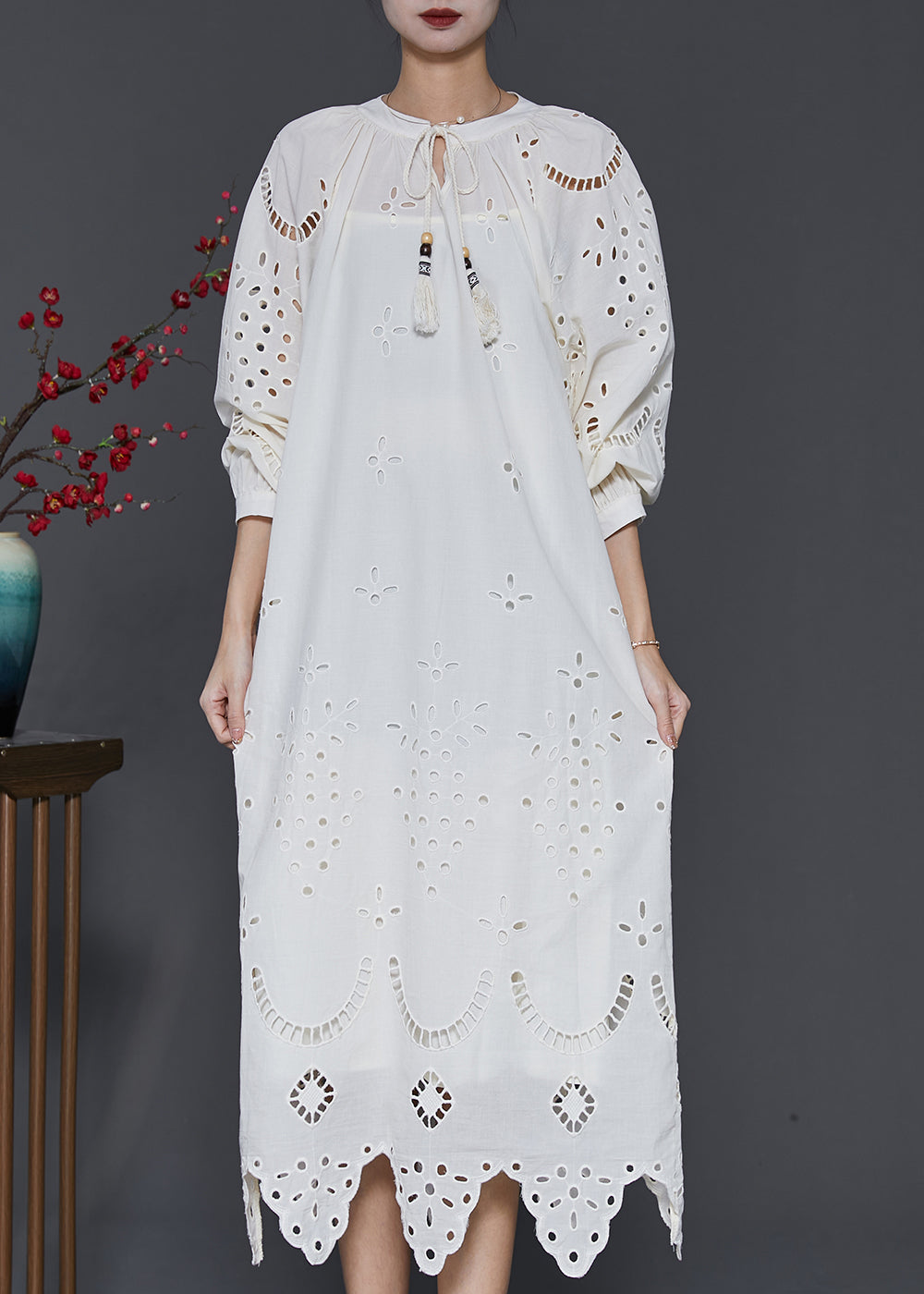 French White Hollow Out Cotton Long Dress Spring Sd1031