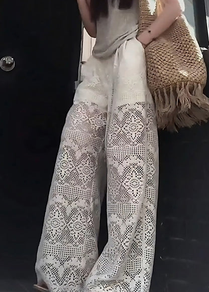 French White Hollow Out Pockets Elastic Waist Lace Pants Summer Ab1012