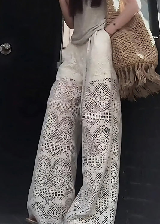 French White Hollow Out Pockets Elastic Waist Lace Pants Summer Ab1012