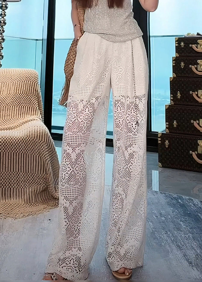 French White Hollow Out Pockets Elastic Waist Lace Pants Summer Ab1012