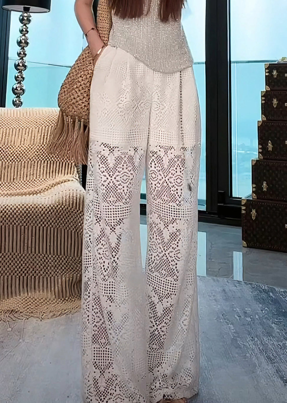 French White Hollow Out Pockets Elastic Waist Lace Pants Summer Ab1012