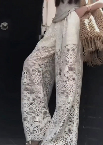 French White Hollow Out Pockets Elastic Waist Lace Pants Summer Ab1012