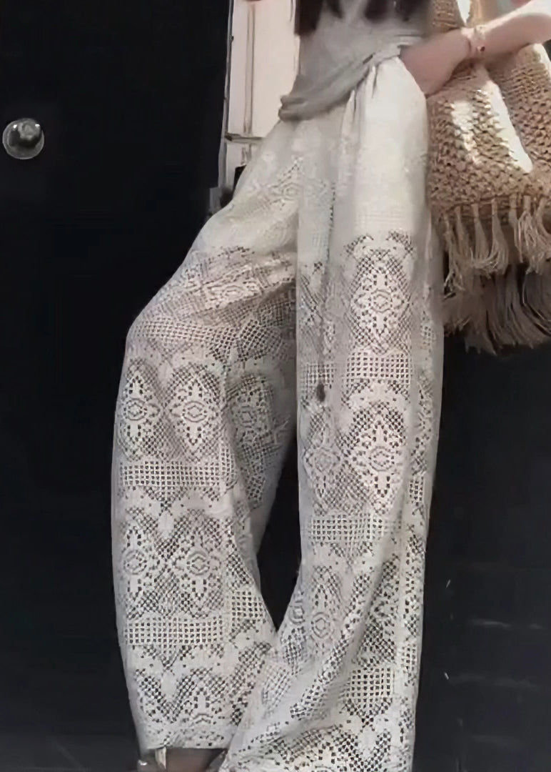 French White Hollow Out Pockets Elastic Waist Lace Pants Summer Ab1012