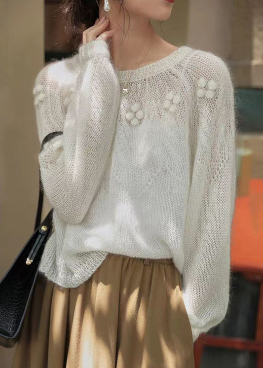French White O Neck Hollow Out Patchwork Knit Sweaters Long Sleeve Tu025