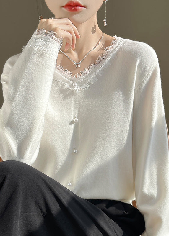 French White O-neck Lace Patchwork Cotton Knit Sweater Fall Qp047