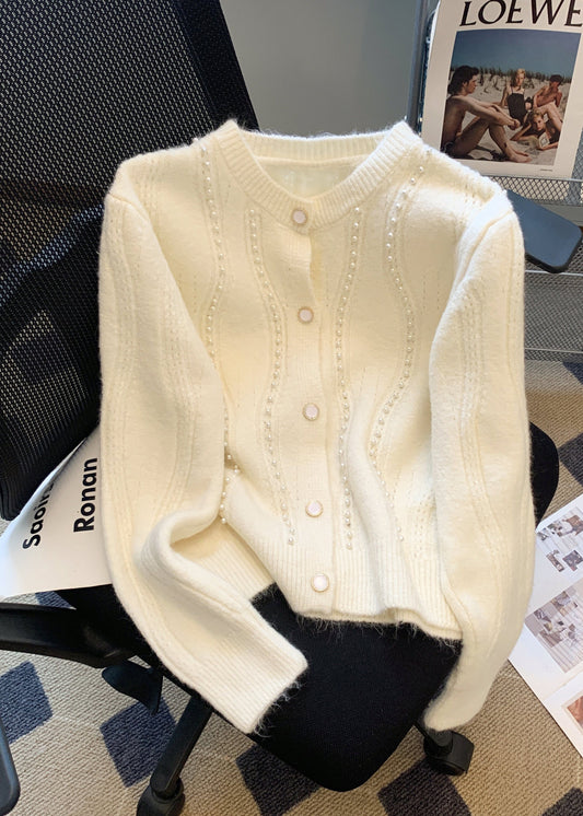 French White O Neck Nail Bead Woolen Sweaters Coat Fall Ql054