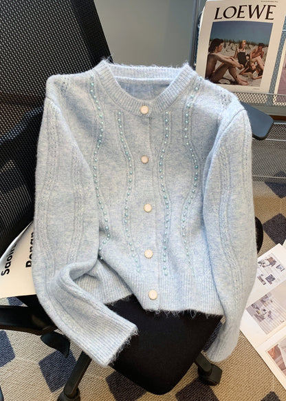 French White O Neck Nail Bead Woolen Sweaters Coat Fall Ql054
