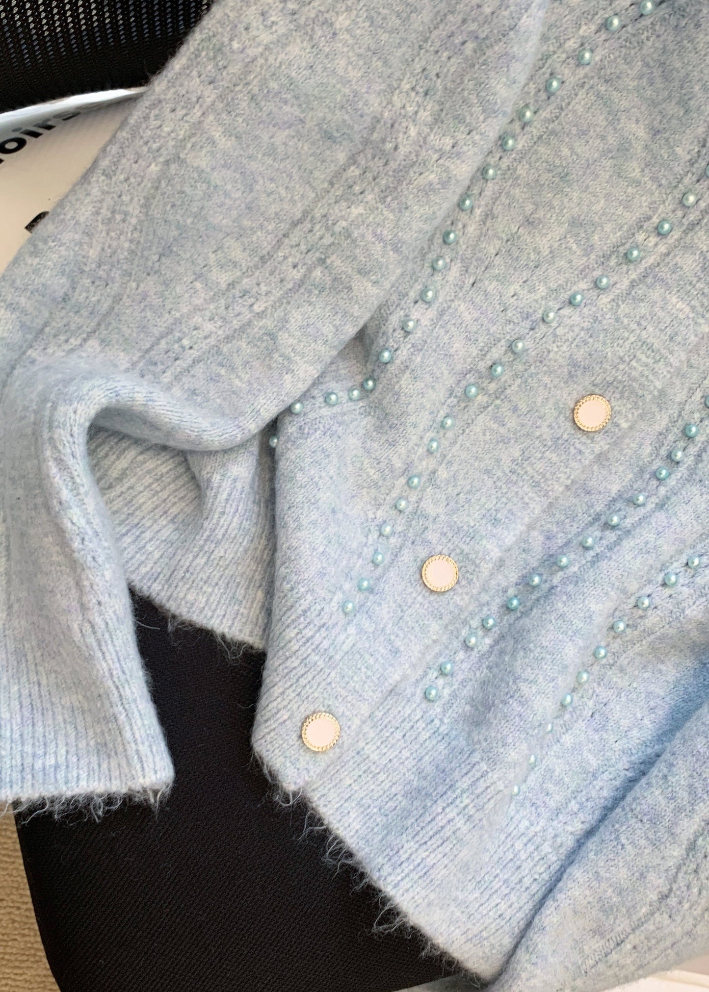 French White O Neck Nail Bead Woolen Sweaters Coat Fall Ql054