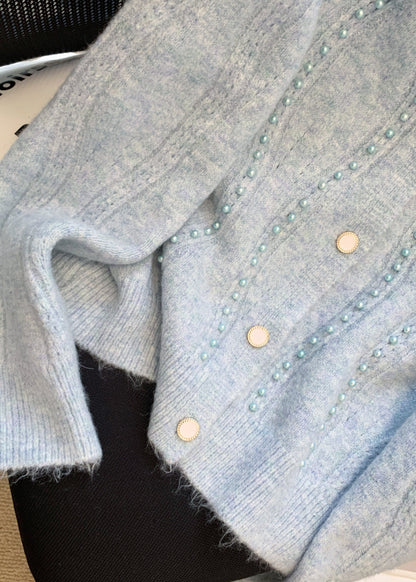 French White O Neck Nail Bead Woolen Sweaters Coat Fall Ql054