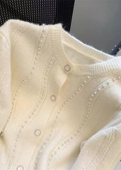 French White O Neck Nail Bead Woolen Sweaters Coat Fall Ql054
