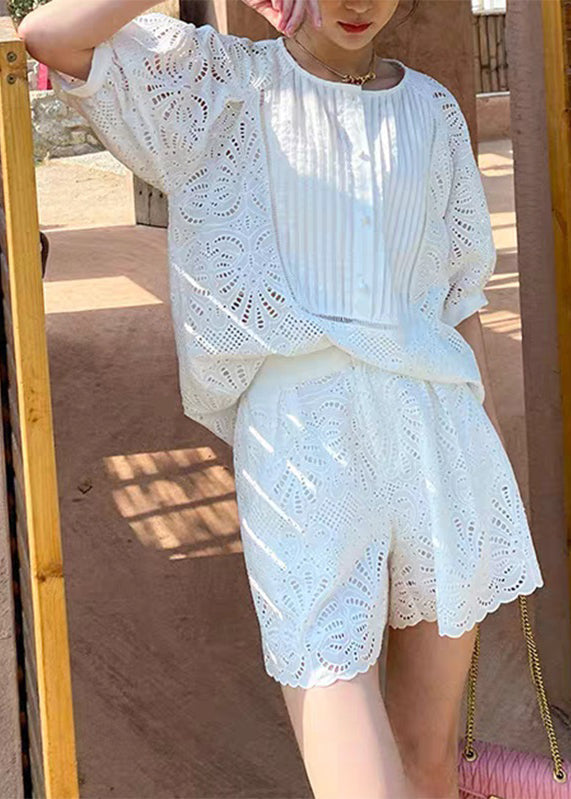 White Short Shorts Sleeve French O-neck Shirt and Set Two Pieces