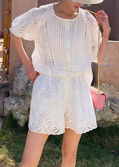 White Short Shorts Sleeve French O-neck Shirt and Set Two Pieces