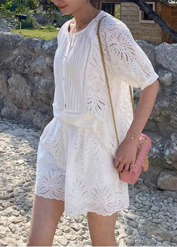 White Short Shorts Sleeve French O-neck Shirt and Set Two Pieces