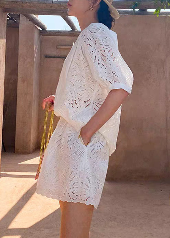 White Short Shorts Sleeve French O-neck Shirt and Set Two Pieces