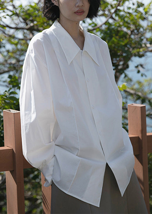 French White Peter Pan Collar Button Cotton Blouse Tops Long Sleeve Tu026