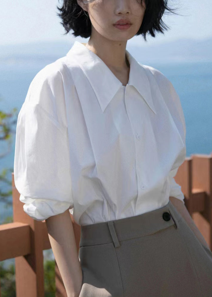 French White Peter Pan Collar Button Cotton Blouse Tops Long Sleeve Tu026