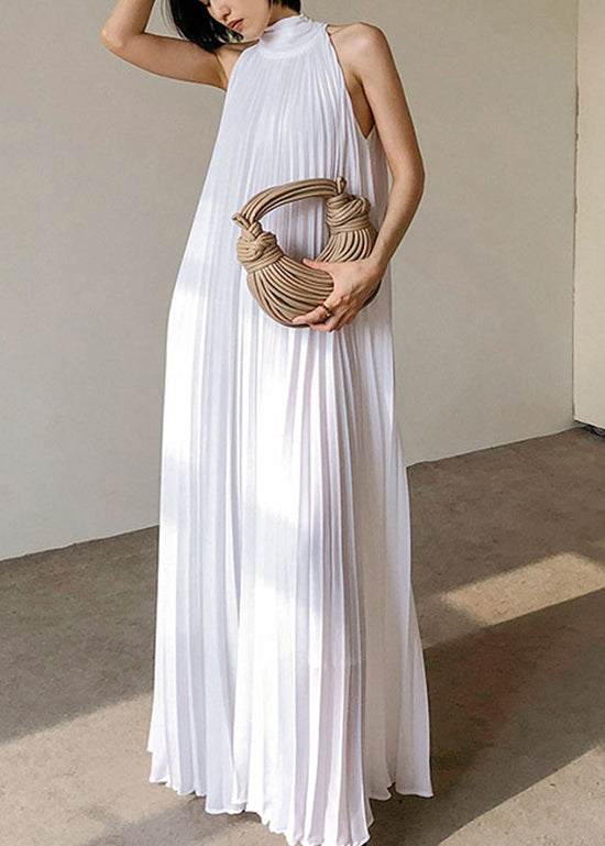 French White Pleated Hanging Neck Off Shoulder Long Dress Summer Ee1030