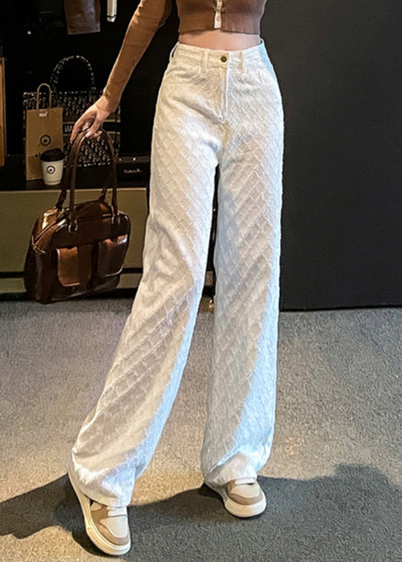 French White Pockets High Waist Denim Straight Pants Spring Yf007