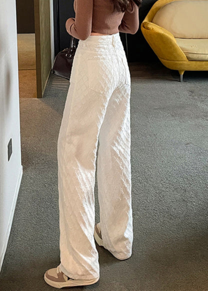 French White Pockets High Waist Denim Straight Pants Spring Yf007