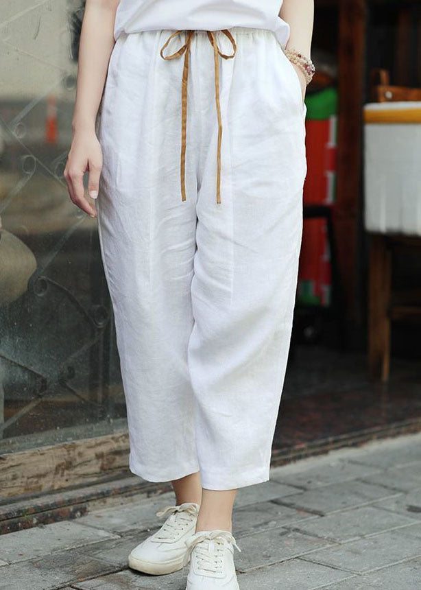 French White Pockets Patchwork Elastic Waist Cotton Straight Pants Summer Ly0586