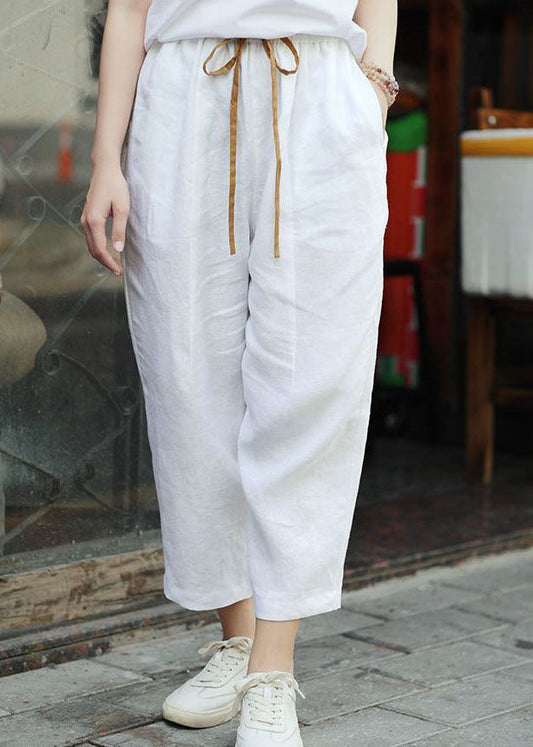 French White Pockets Patchwork Elastic Waist Cotton Straight Pants Summer Ly0586