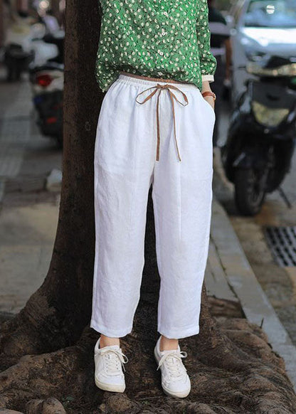 French White Pockets Patchwork Elastic Waist Cotton Straight Pants Summer Ly0586
