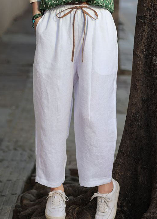 French White Pockets Patchwork Elastic Waist Cotton Straight Pants Summer Ly0586